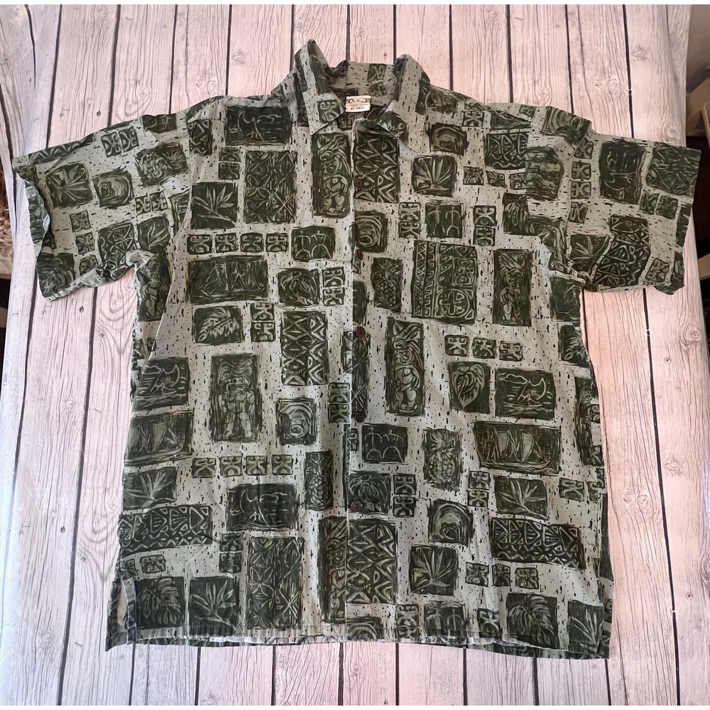 Go Barefoot Hawaiian Tradition Full Button Up Shirt XL Tall Green Beachy Floral